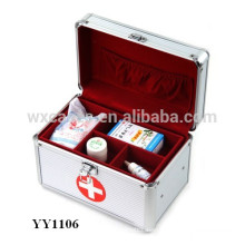 silver aluminum first aid box with a tray inside
